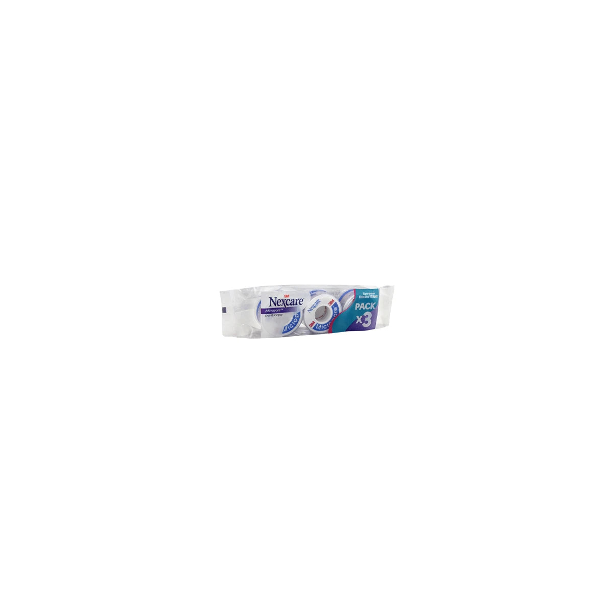 Cinta adhesiva MicroPore de 1" x 3 yd de 3M Nexcare, color blanco, ideal para fijar apósitos en piel sensible, presentada en paquete de 3.