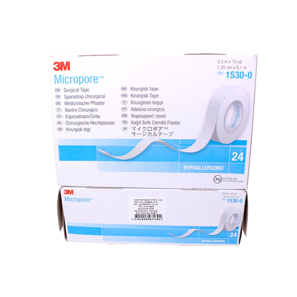 Cinta quirúrgica Micropore™ blanca de 1/2" x 9.1 m, hipoalergénica y microporosa, ideal para fijación de vendajes y dispositivos médicos.