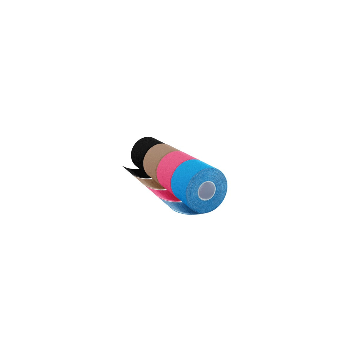 Cinta kinesiológica de 5 cm de ancho y 5 m de largo, disponible en azul, fucsia, negro y beige, fabricada en 95% algodón y 5% spandex.