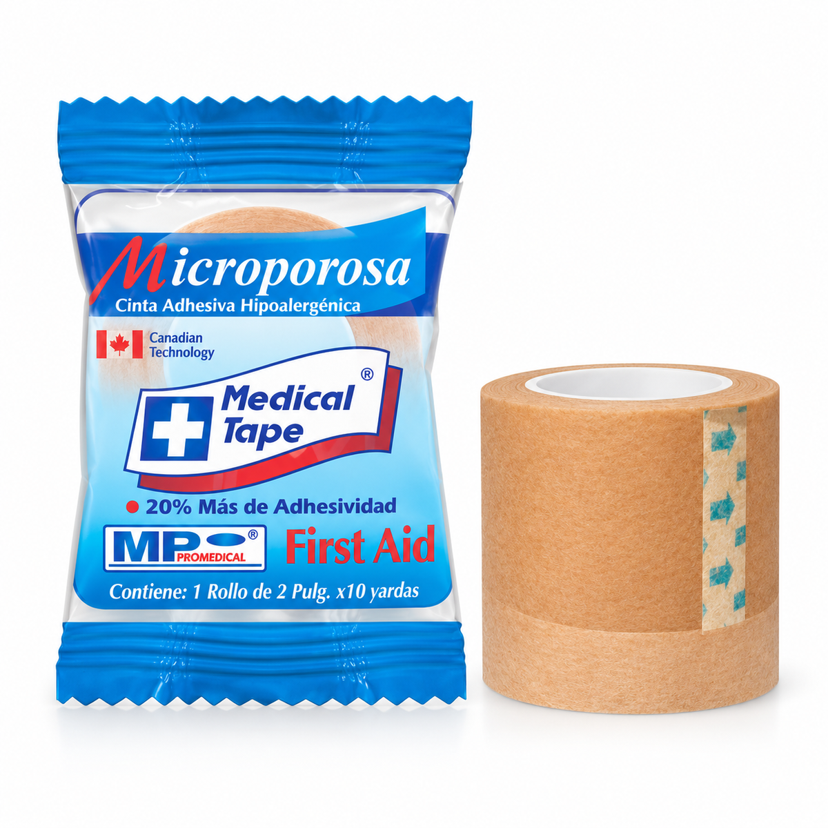 Cinta médica Microporo color piel de 2 pulgadas x 10 yardas, con alta adhesividad para fijación de apósitos y materiales médicos.