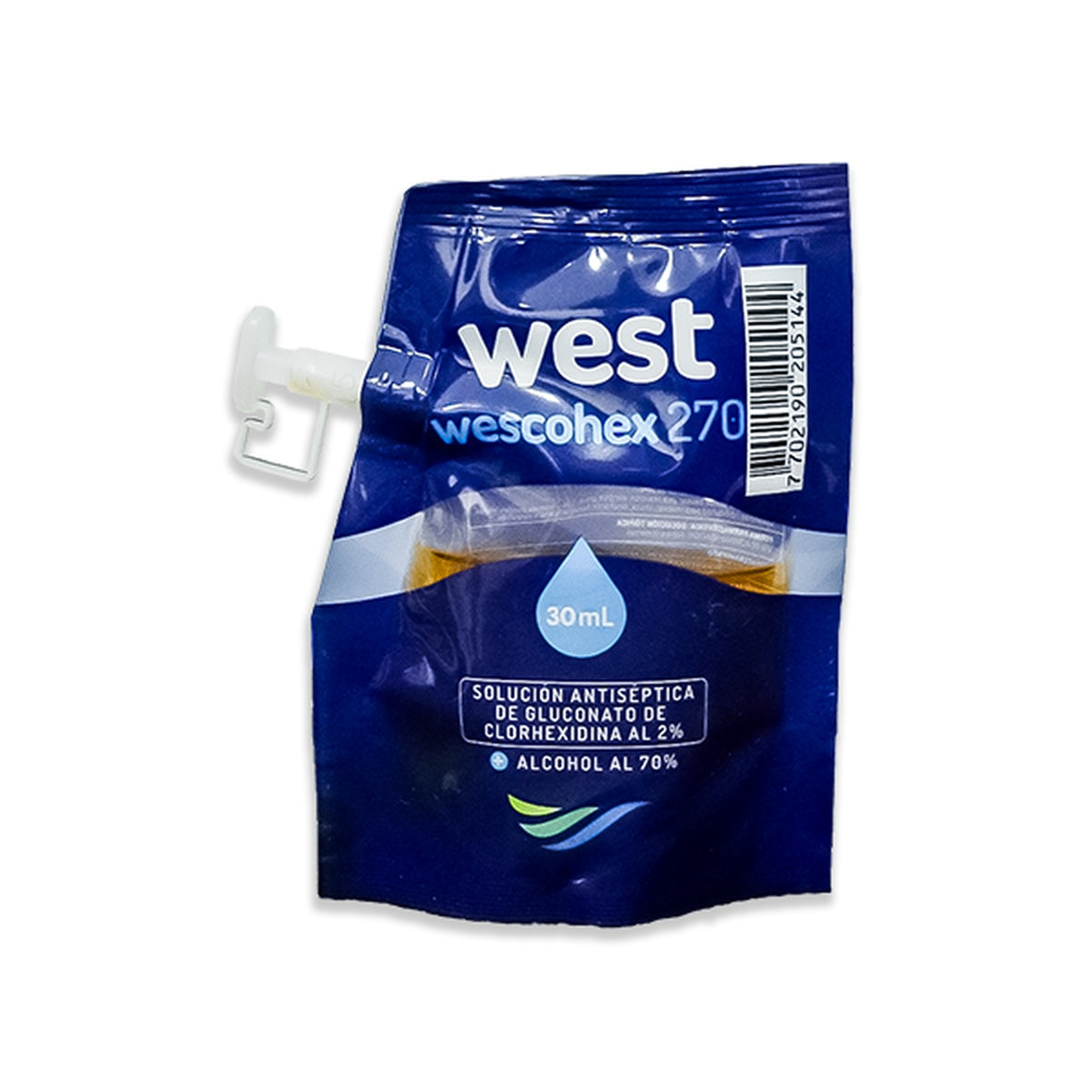 WESCOHEX 270, solución antiséptica de 30 ml, líquido traslúcido naranja con 2% de clorhexidina y 70% de alcohol, en envase unidosis.