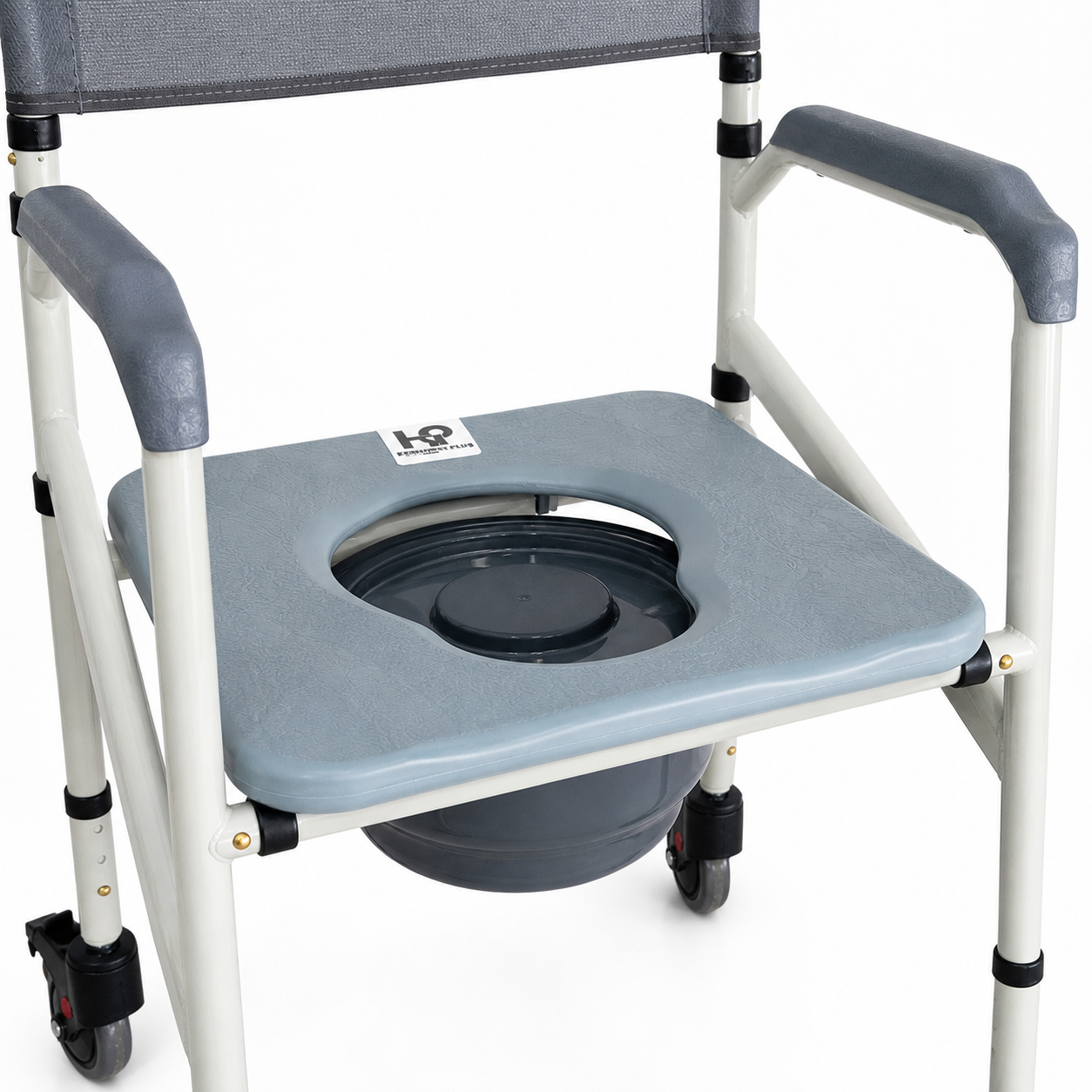Detalle de cómodo sanitario plegable Konfort Basic en acero pintado con asiento sanitario y recipiente removible