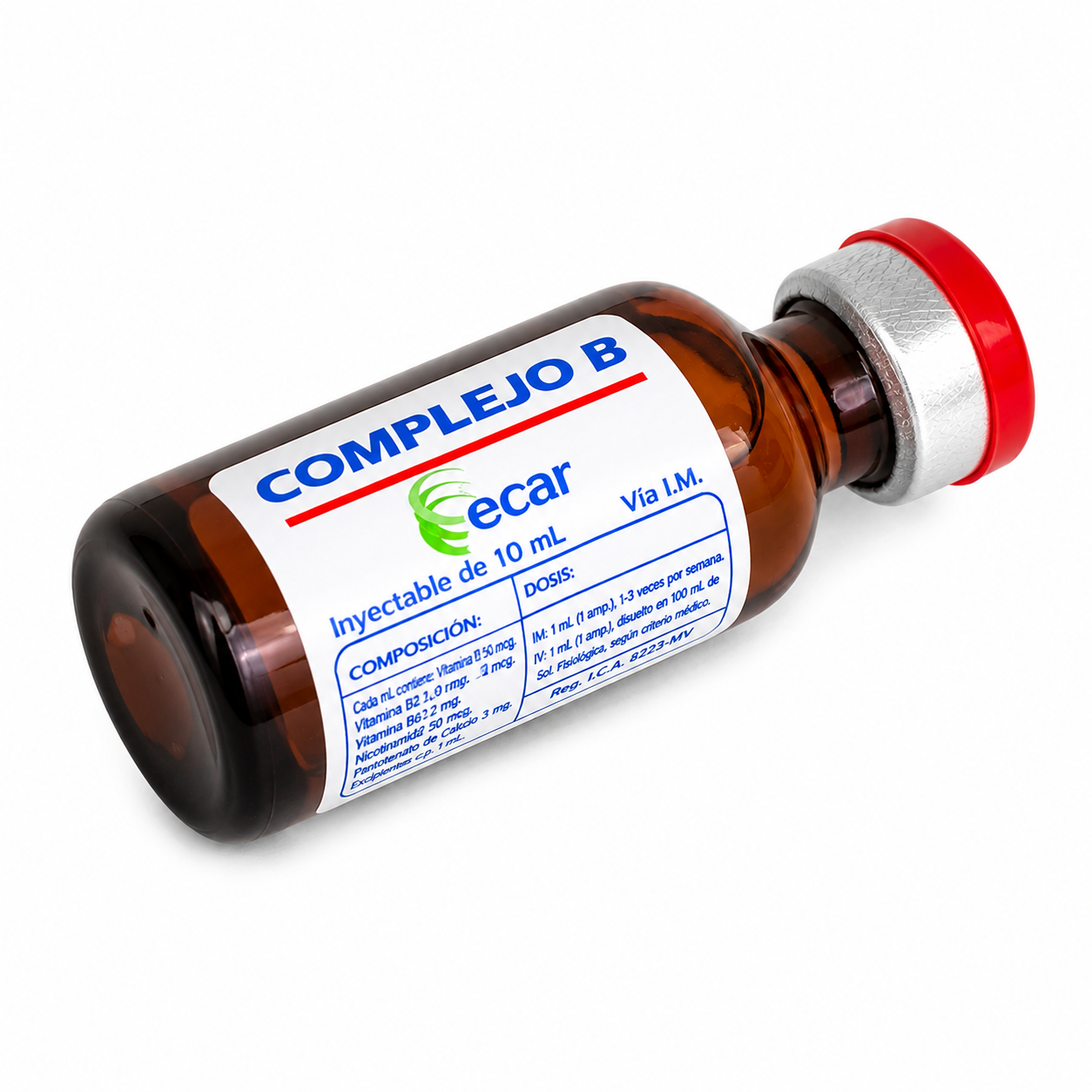 Complejo B ECAR Inyectable 10 ml presentado en frasco ámpula con fórmula de vitaminas del complejo B.