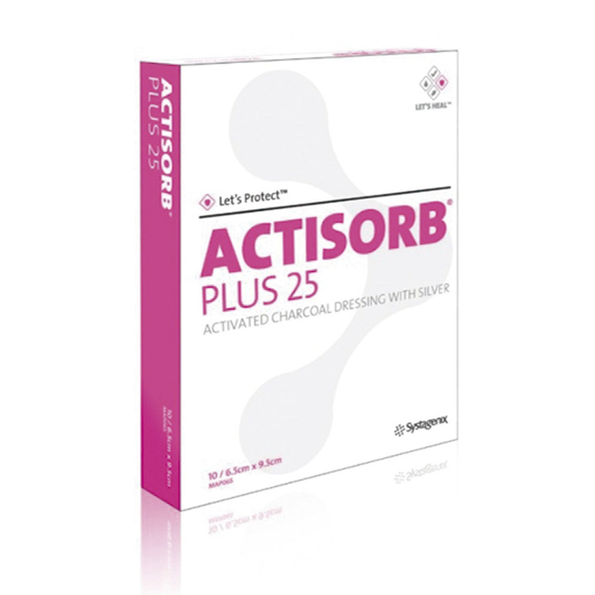 Apósito bactericida ACTISORB Plus 25, 10.5 cm x 10.5 cm, compuesto por malla de carbón activado con plata, para tratamiento de heridas infectadas.