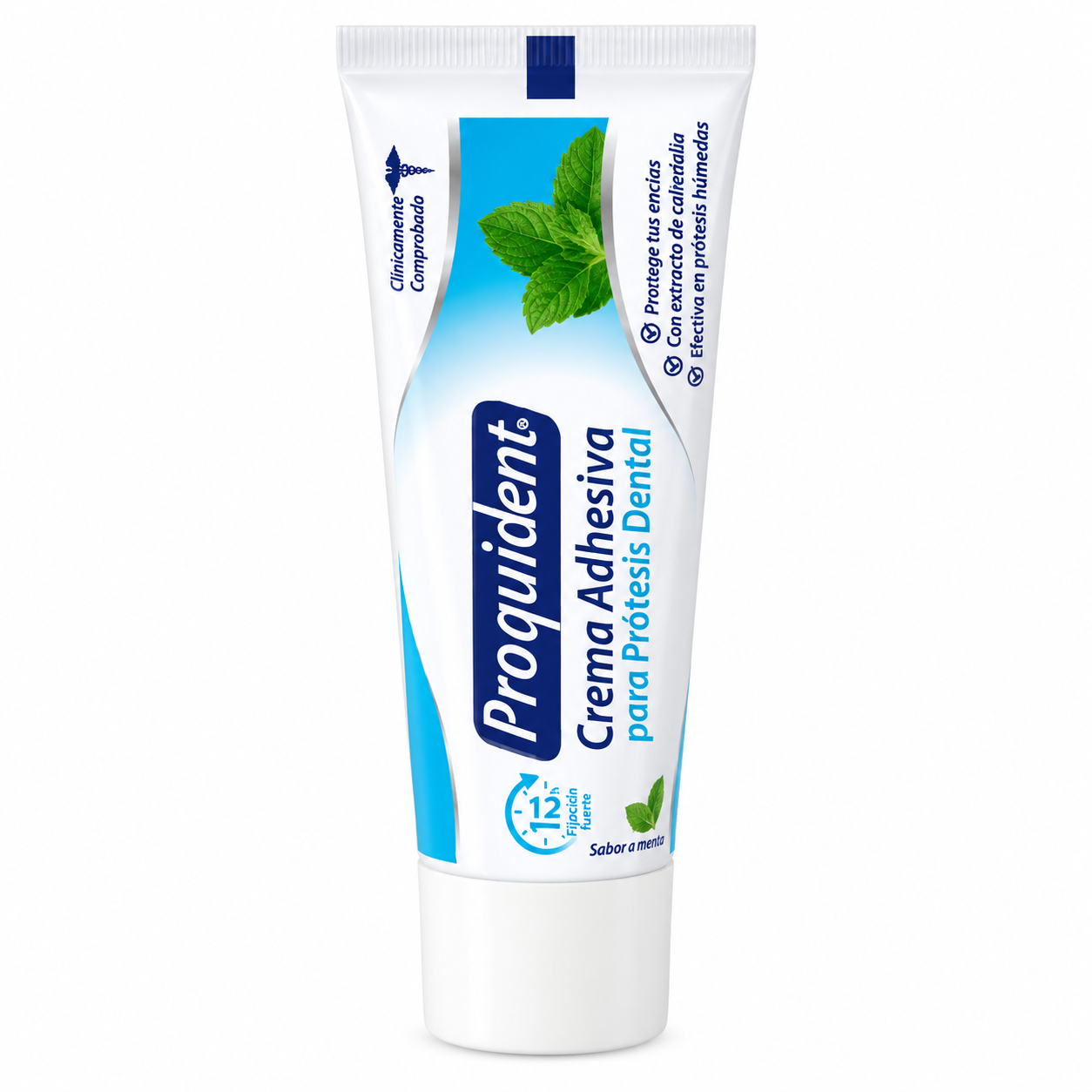 Crema adhesiva para prótesis dental Proquident sabor menta, presentación de 40 g, diseñada para brindar fijación y comodidad durante el uso.