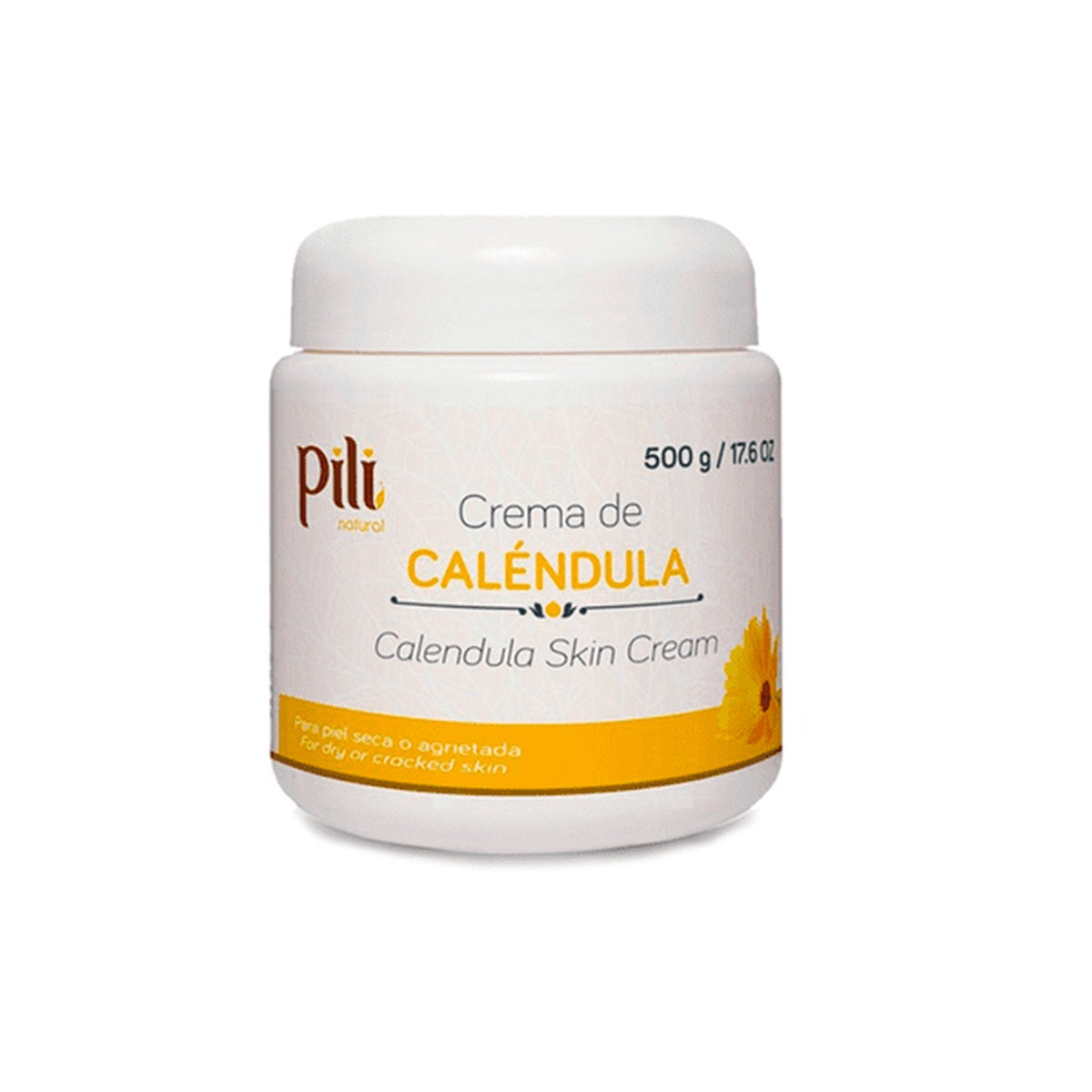 Crema de Caléndula Pili en pote de 450 g, formulación cosmética para humectación e hidratación de piel seca, color blanco.