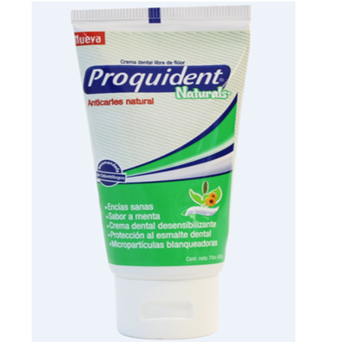 Crema dental Proquident Naturals de 75 cc, color blanco con micropartículas verdes, formulada para la higiene bucal y reducción de hipersensibilidad.