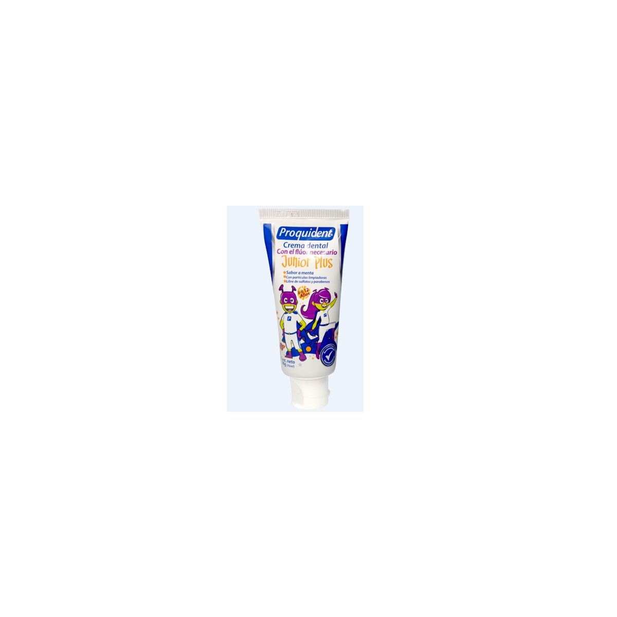 Crema dental Junior Plus TBO de Proquident, 75 cc, en tubo de color azul con diseño infantil, ideal para el cuidado dental de niños.