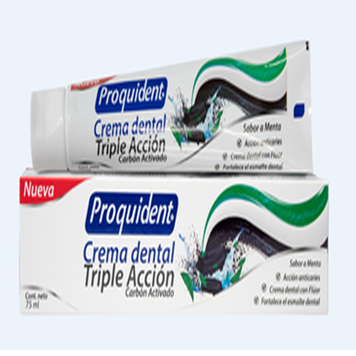 Crema dental Proquident Triple Acción con carbón activado, sabor menta, en tubo de 75 ml, color tricolor (blanco, verde y gris).