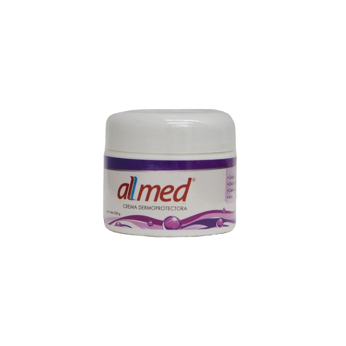 Crema Dermoprotectora Allmed 250g, envase blanco, textura cremosa, diseñada para hidratación intensiva de la piel.