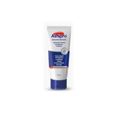 Crema Extra Humectante ALMIPRO de 120g, marca San Jorge, en envase blanco con tapa azul, textura cremosa y suave.
