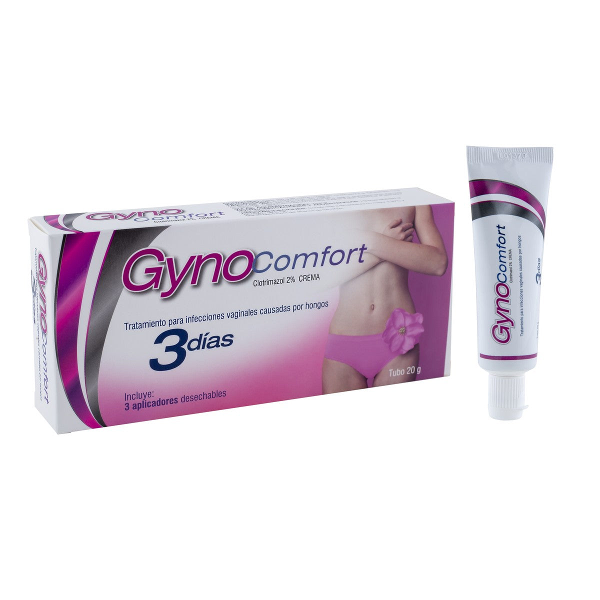 Crema vaginal Gynocomfort 2% de Clotrimazol, 20g, presentada con 3 aplicadores, en tubo blanco con tapa azul.