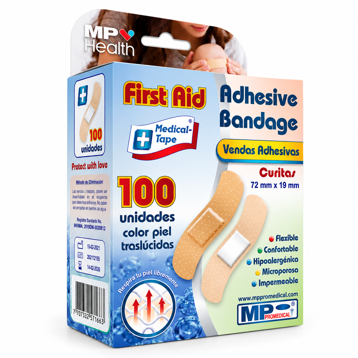 Curas adhesivas Medical Tape en tira color piel, presentación de 100 unidades para protección y cuidado de heridas menores.