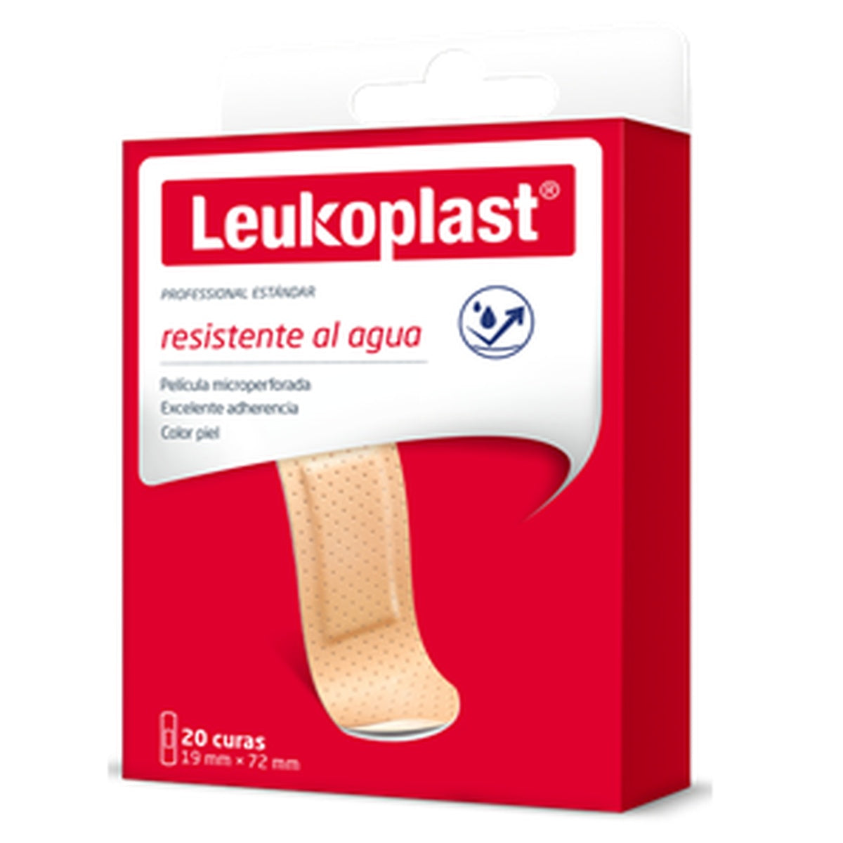 Cura adhesiva estéril color piel, modelo Leukoplast Estándar, fabricada por BSN Medical, diseñada para proteger pequeñas heridas.