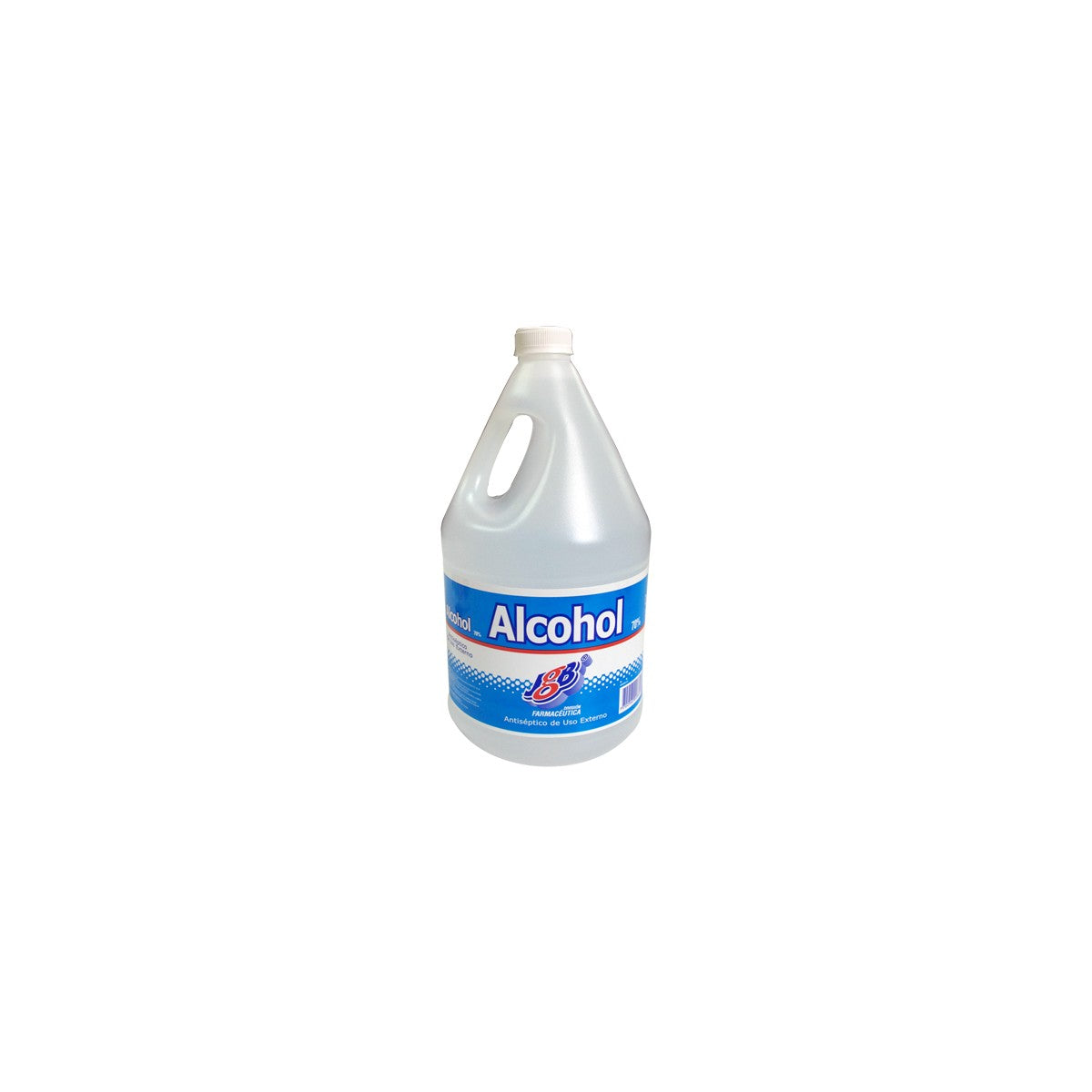 Desinfectante antibacterial Alcohol 70% JGB en galón de 3800 ml, envase transparente con tapa azul, fondo blanco.