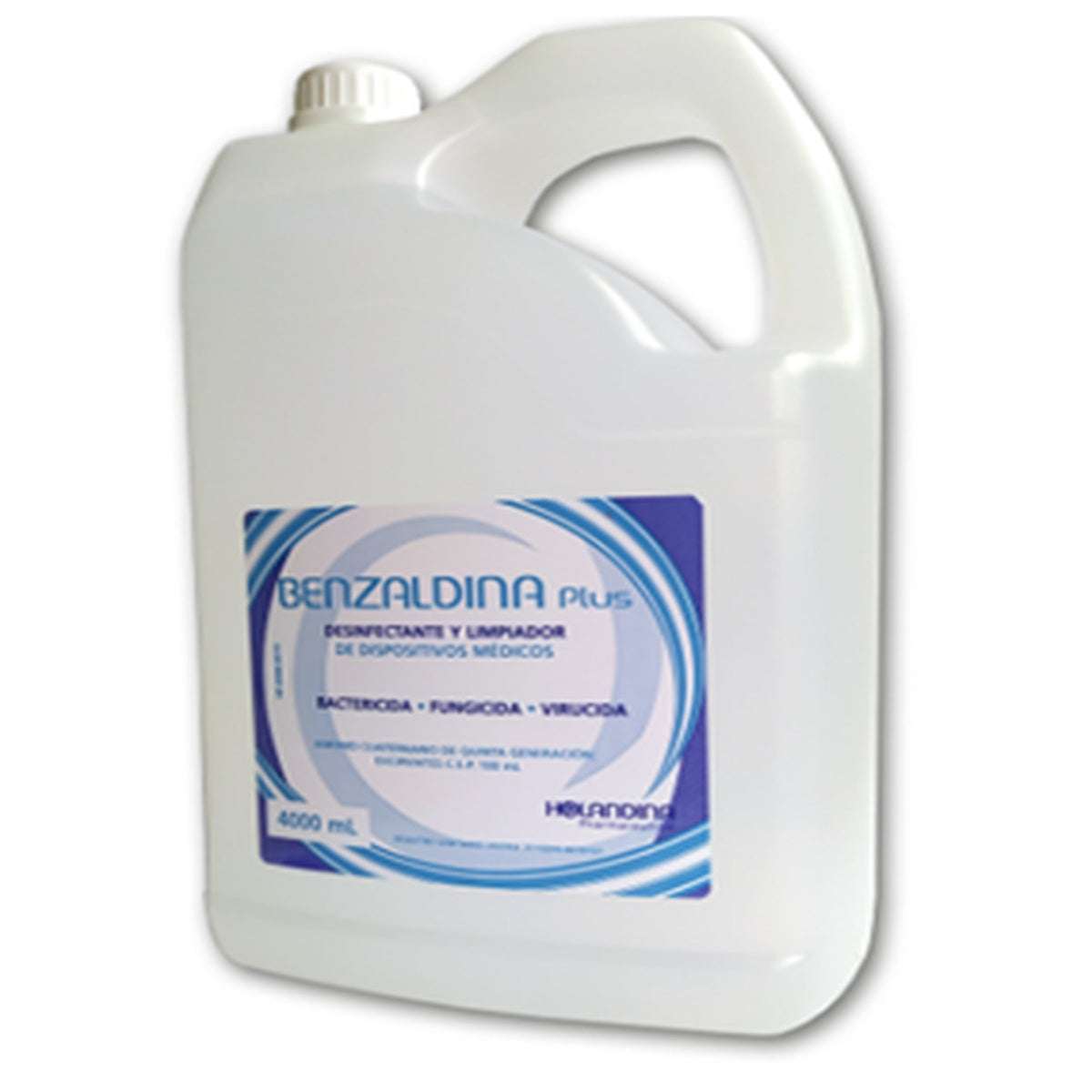Benzaldina Plus desinfectante y limpiador en garrafa de 4000 mL, color translúcido, con olor a lima limón, formulado con amonio cuaternario.
