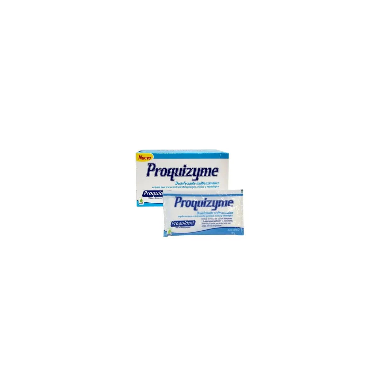 Desinfectante multienzimático en polvo PROQUIZYME GC-FT-527, color blanco grisáceo, en sachets de 20 g, para limpieza de instrumental médico.