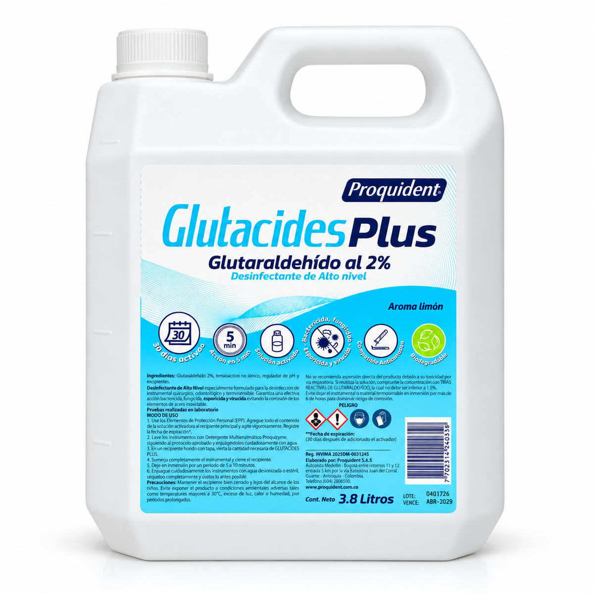 Desinfectante Glutacides PLUS+ Proquident de 3.8 L con aroma limón, formulado para procesos de desinfección de acuerdo con las recomendaciones de uso.