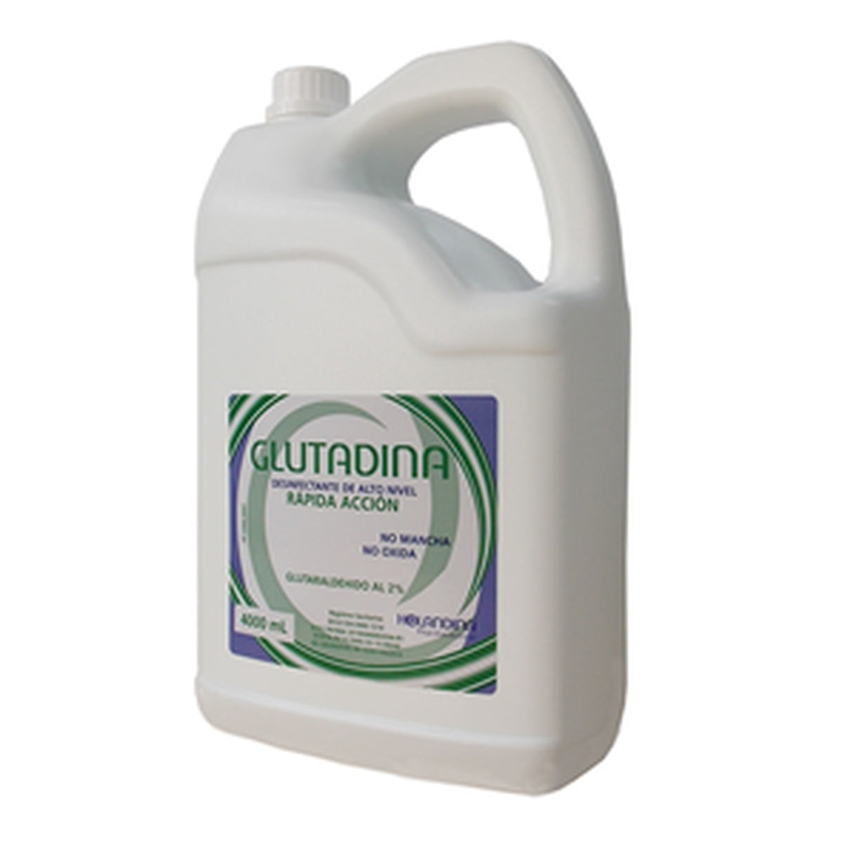 Desinfectante de alto nivel GLUTADINA, glutaraldehído 2% en garrafa de 4000 mL, color verde translúcido, con olor a menta.