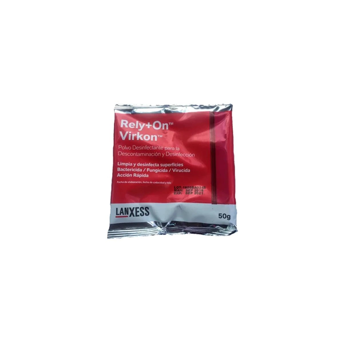 Desinfectante Virkon de 50g, en polvo, color blanco, envase compacto, ideal para desinfección en entornos clínicos.