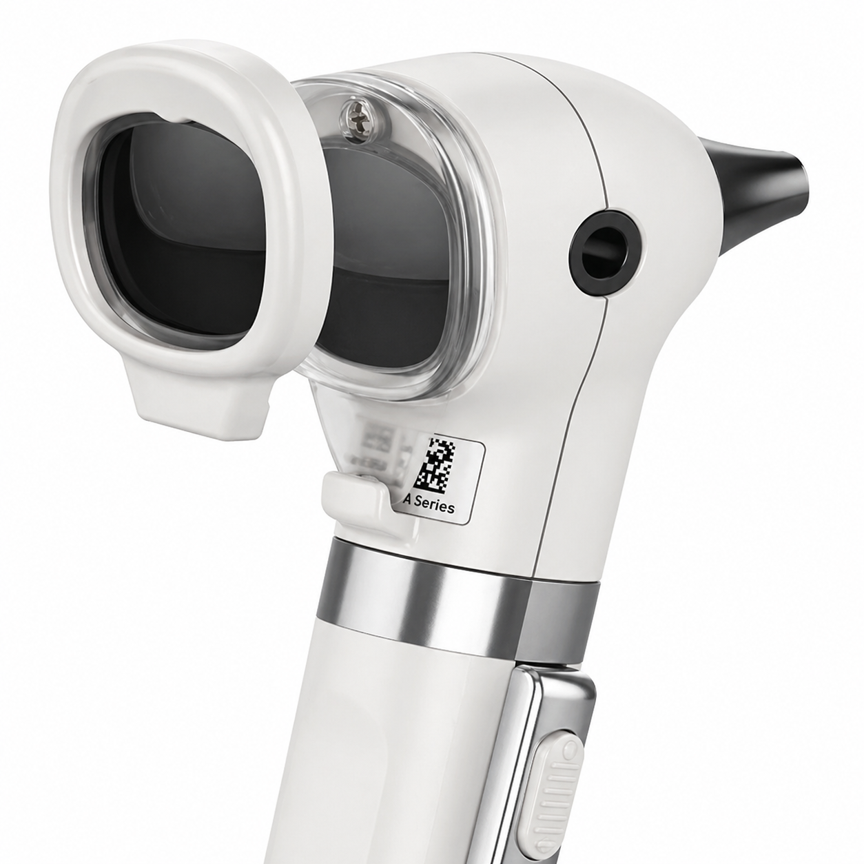 Detalle de cabezal de otoscopio Welch Allyn con sistema de iluminación y lente de aumento para diagnóstico clínico