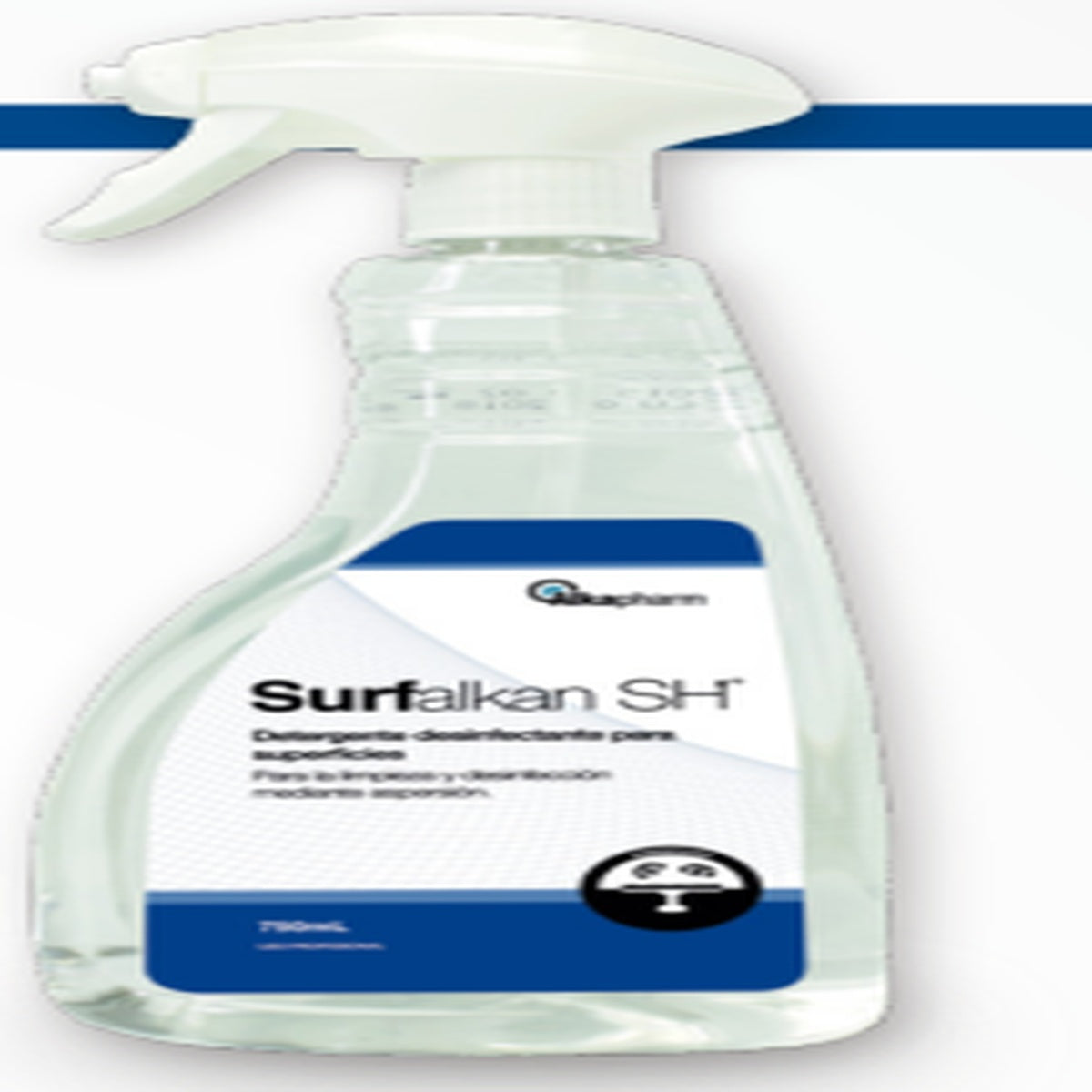 Detergente desinfectante Surfalkan SH en frasco de 750 mL con aspersor, líquido incoloro, espuma ligera y aroma a pomelo.