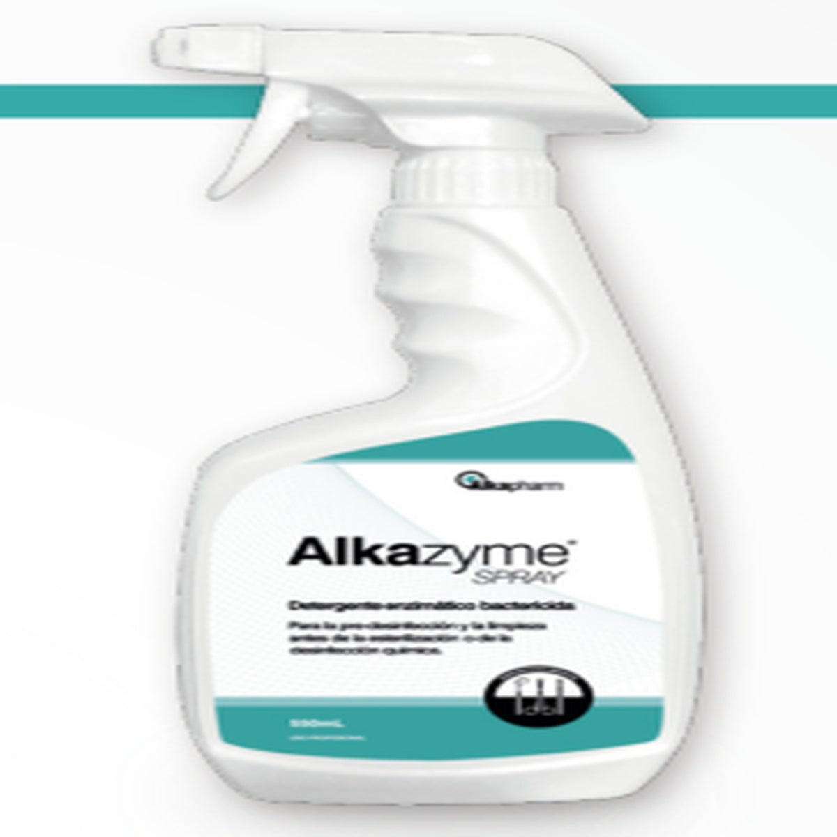 Detergente enzimático bactericida Alkazyme Spray de Alkamédica, frasco de 550 mL, formulado para prelavado de dispositivos médicos.
