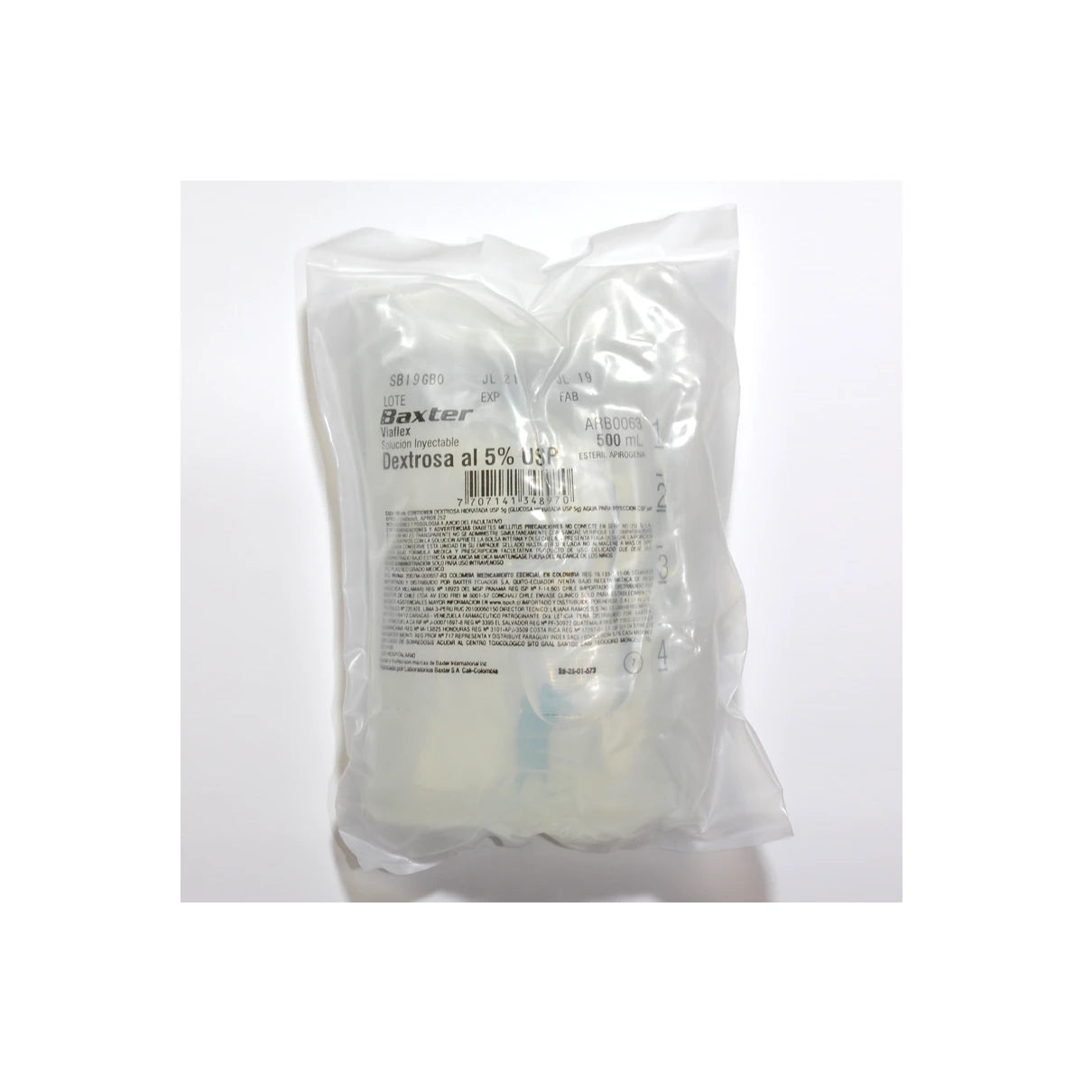 Dextrosa 5% Solución Hidratante 500 ml, envase transparente, líquido incoloro, utilizado para hidratación intravenosa.