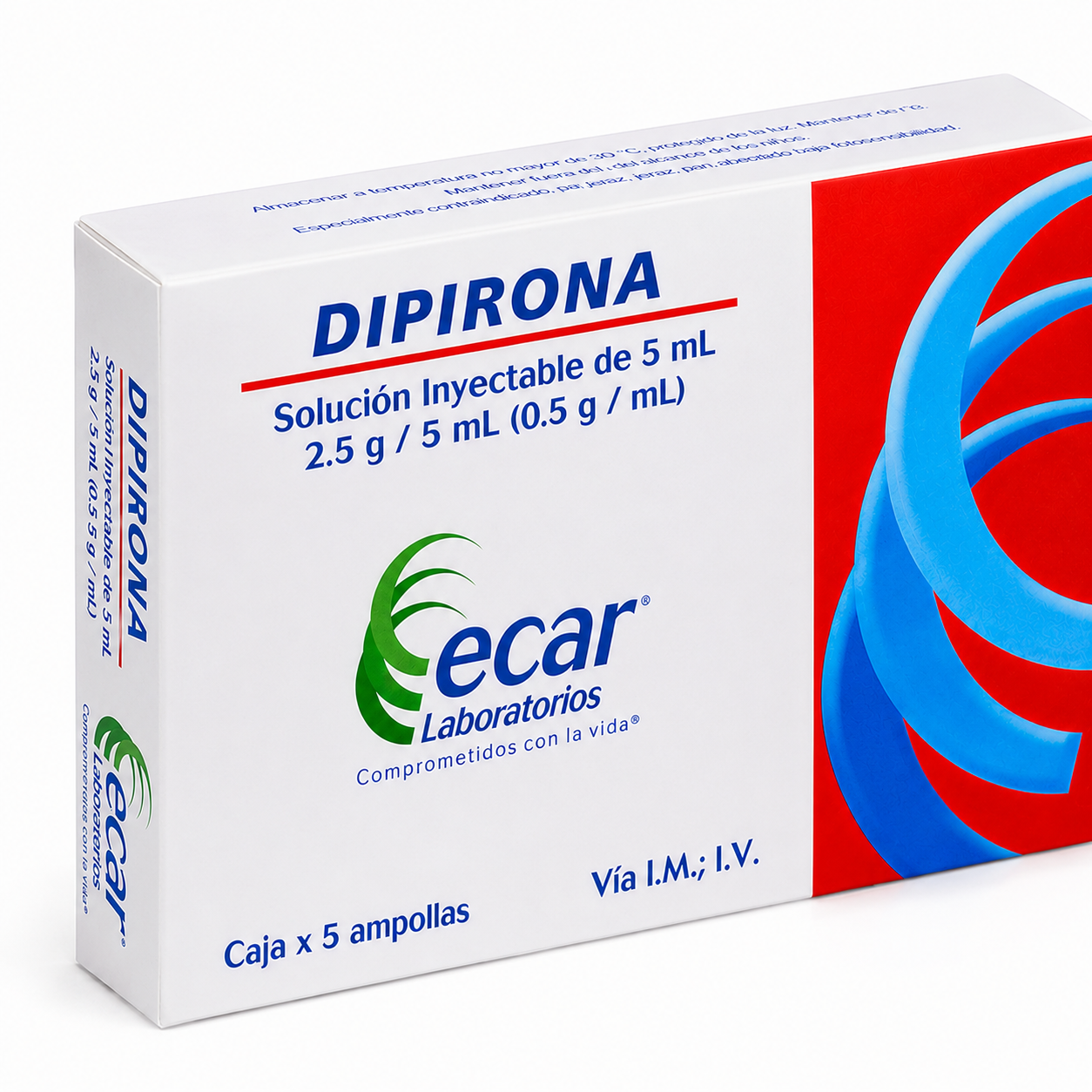 Solución inyectable Dipirona 2.5 g en 5 ml Ecar caja x 5 ampollas para manejo del dolor y fiebre