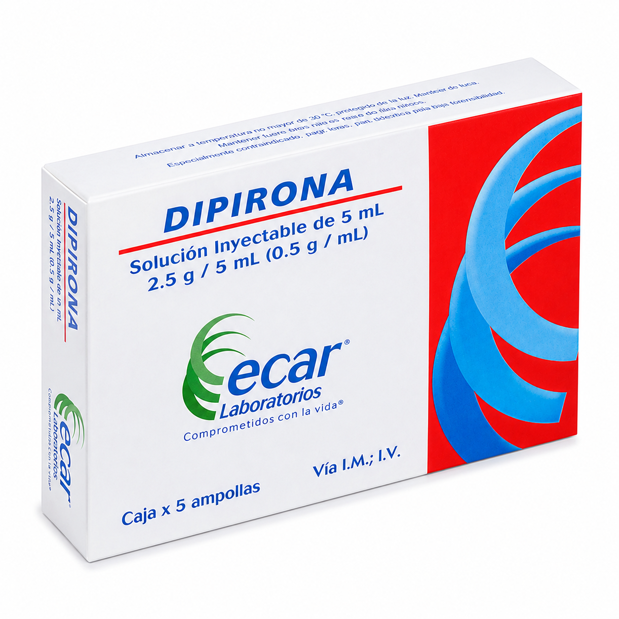 Caja de Dipirona Ecar 2.5 g / 5 ml x 5 ampollas inyectables para uso médico y hospitalario