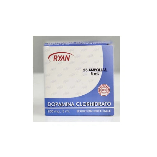 Ampolla de Dopamina Clorhidrato 200mg/5ml de la marca Ryan, con líquido transparente en un envase estéril, fondo blanco.