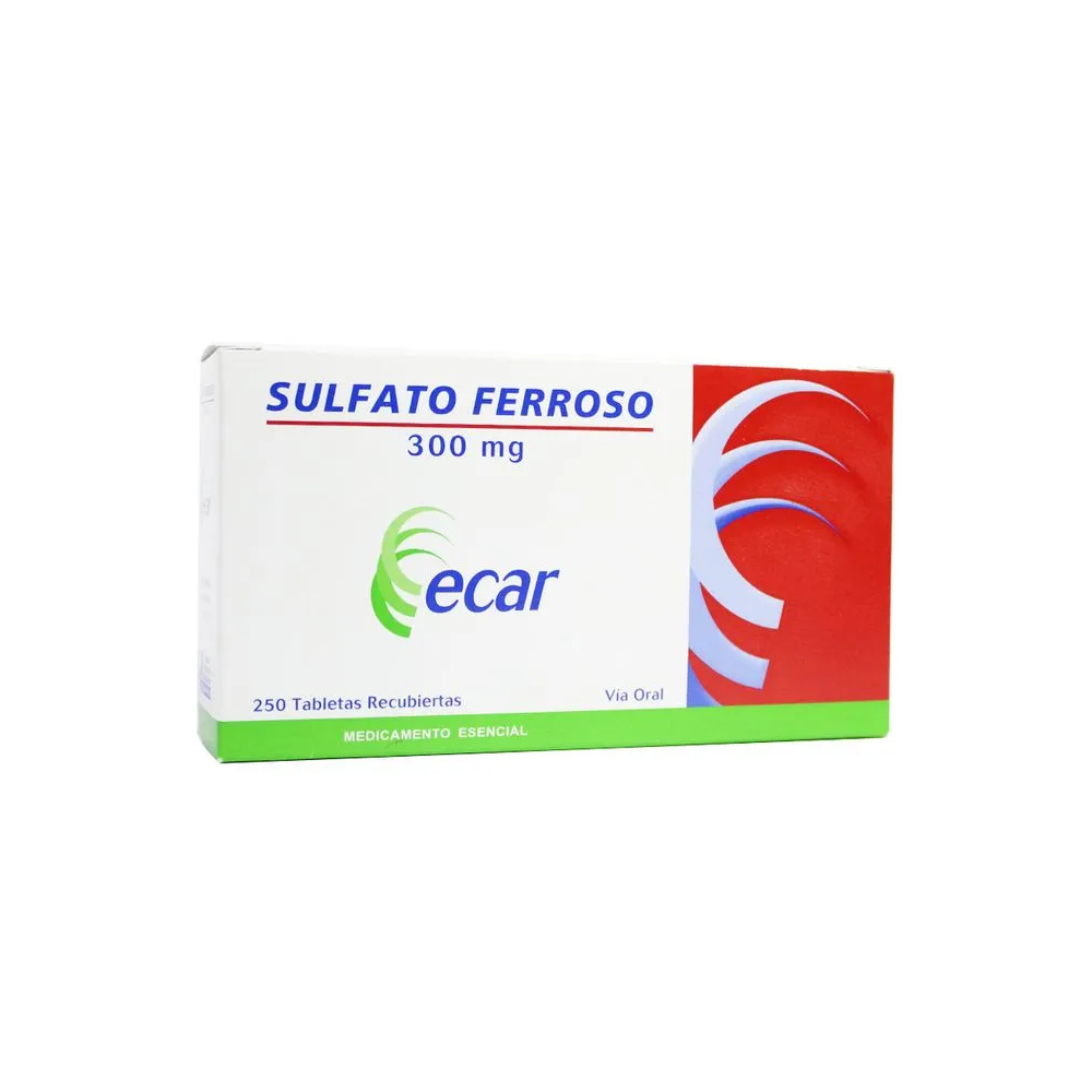 Ecar sulfato ferroso 300 mg caja con 250 tabletas recubiertas, presentación del producto.