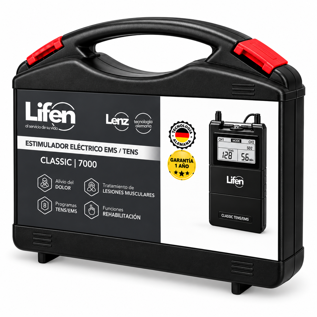 Electroestimulador Lifen Classic 7000 con tecnología TENS y EMS para apoyo en sesiones de estimulación eléctrica.