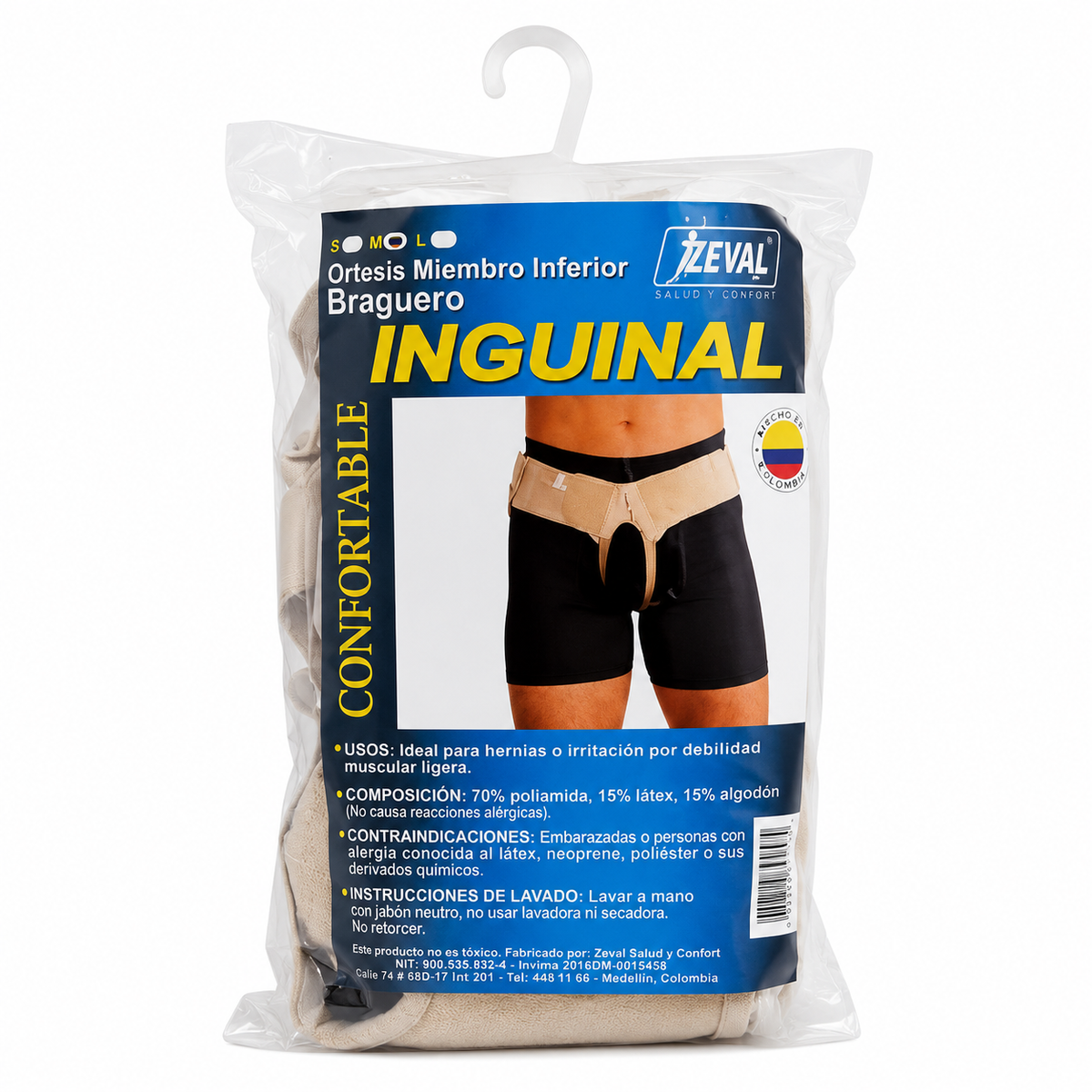 Empaque del braguero inguinal Kromia color habano, talla M, referencia 830500425042, diseñado para brindar soporte, sujeción y comodidad en la zona inguinal, mostrando la presentación original del producto.