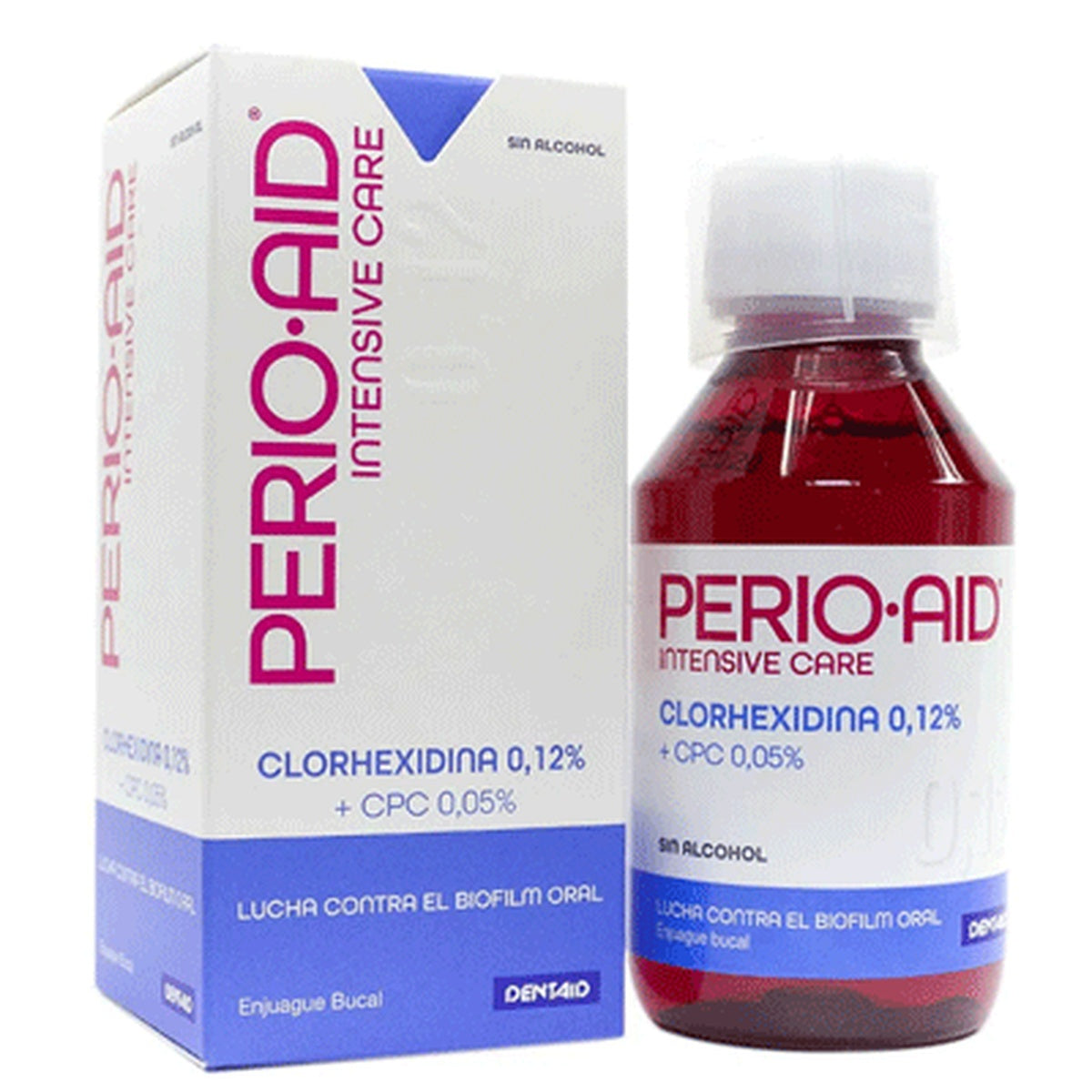 Colutorio bucal PERIO-AID 0.12% sin alcohol, 150 ml, líquido azul transparente con aroma anisado, diseñado para la higiene oral y prevención de problemas periodontales.