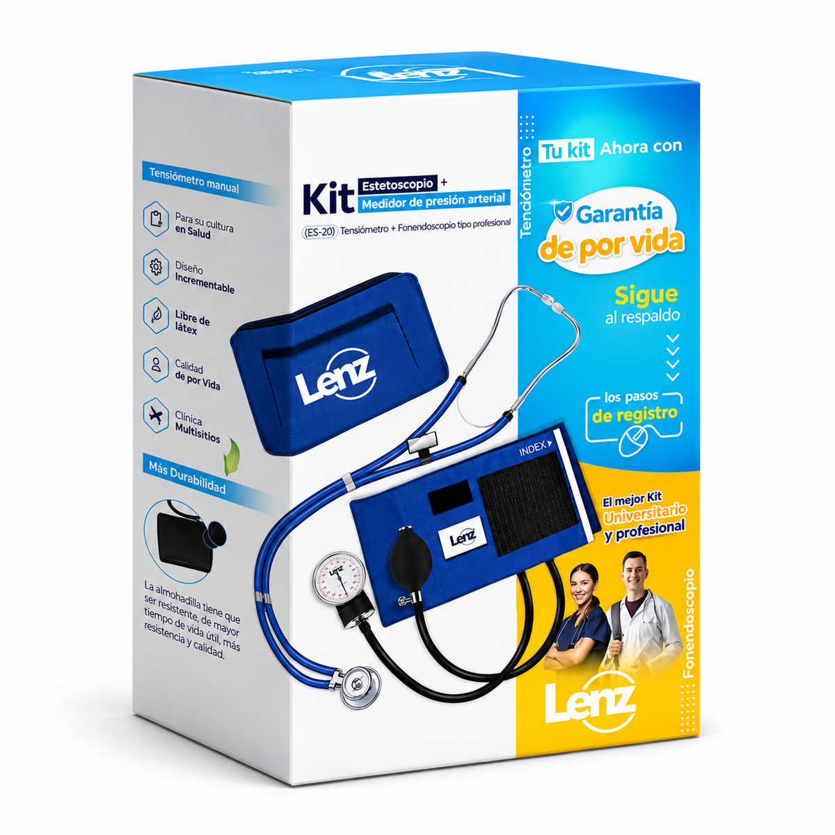 Equipo médico Lenz Royal color azul rey con tensiómetro y fonendoscopio, pensado para medición de presión arterial y auscultación clínica.