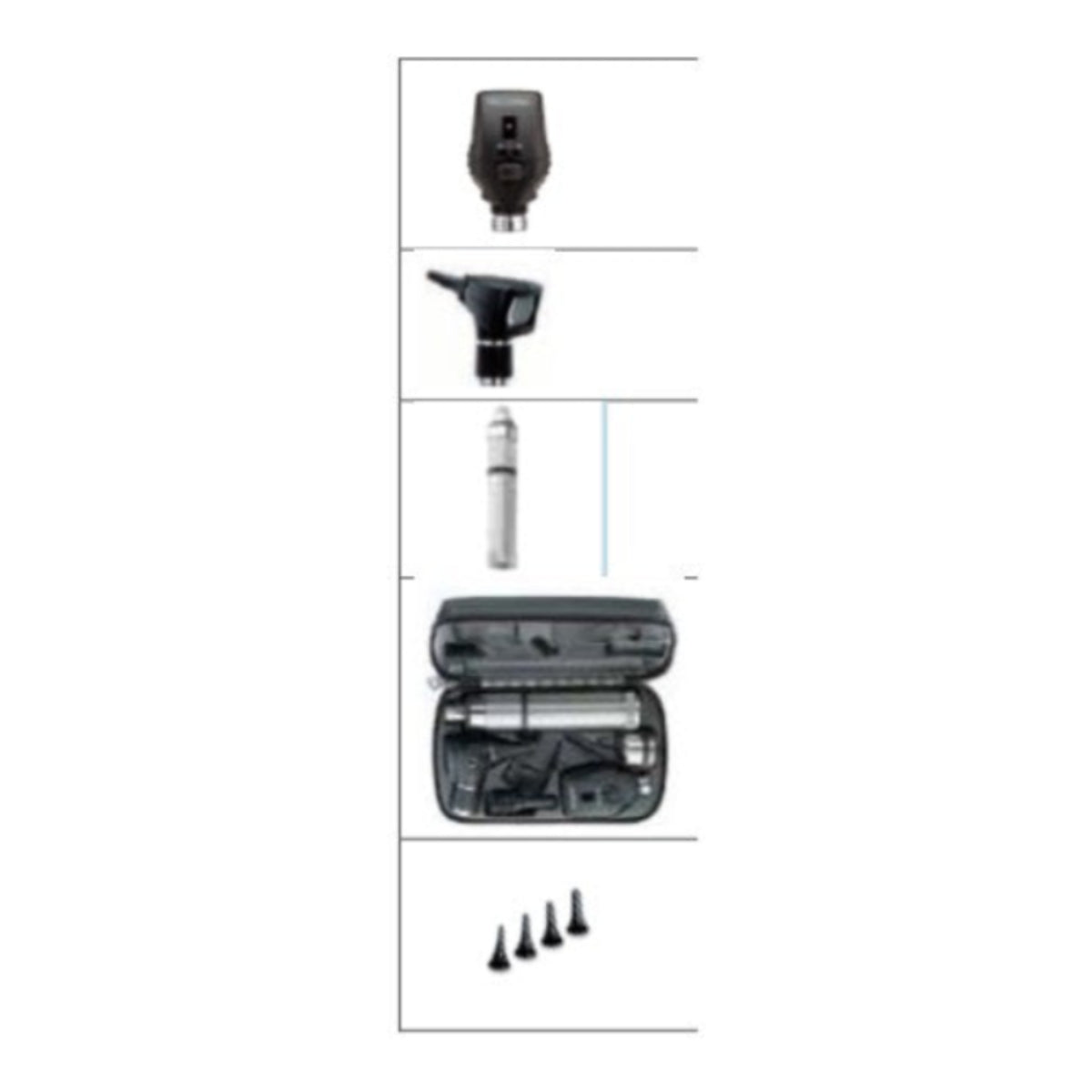 Equipo de órganos Welch Allyn 97200-CL en estuche, incluye accesorios, diseño compacto y portátil, color negro.