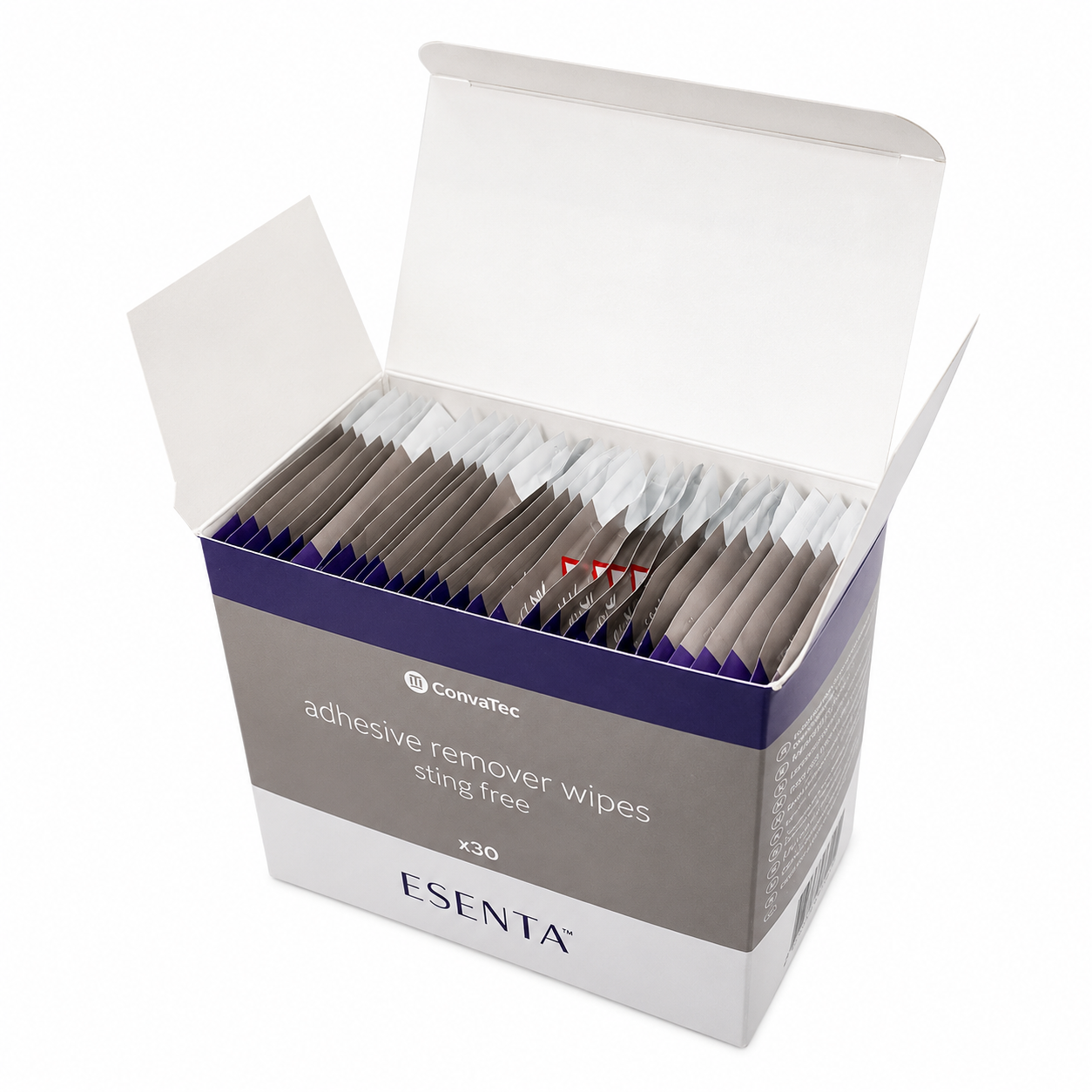 Caja abierta Esenta eliminador de adhesivo Sting Free x30 toallas Convatec con sobres organizados sobre fondo blanco para catálogo médico