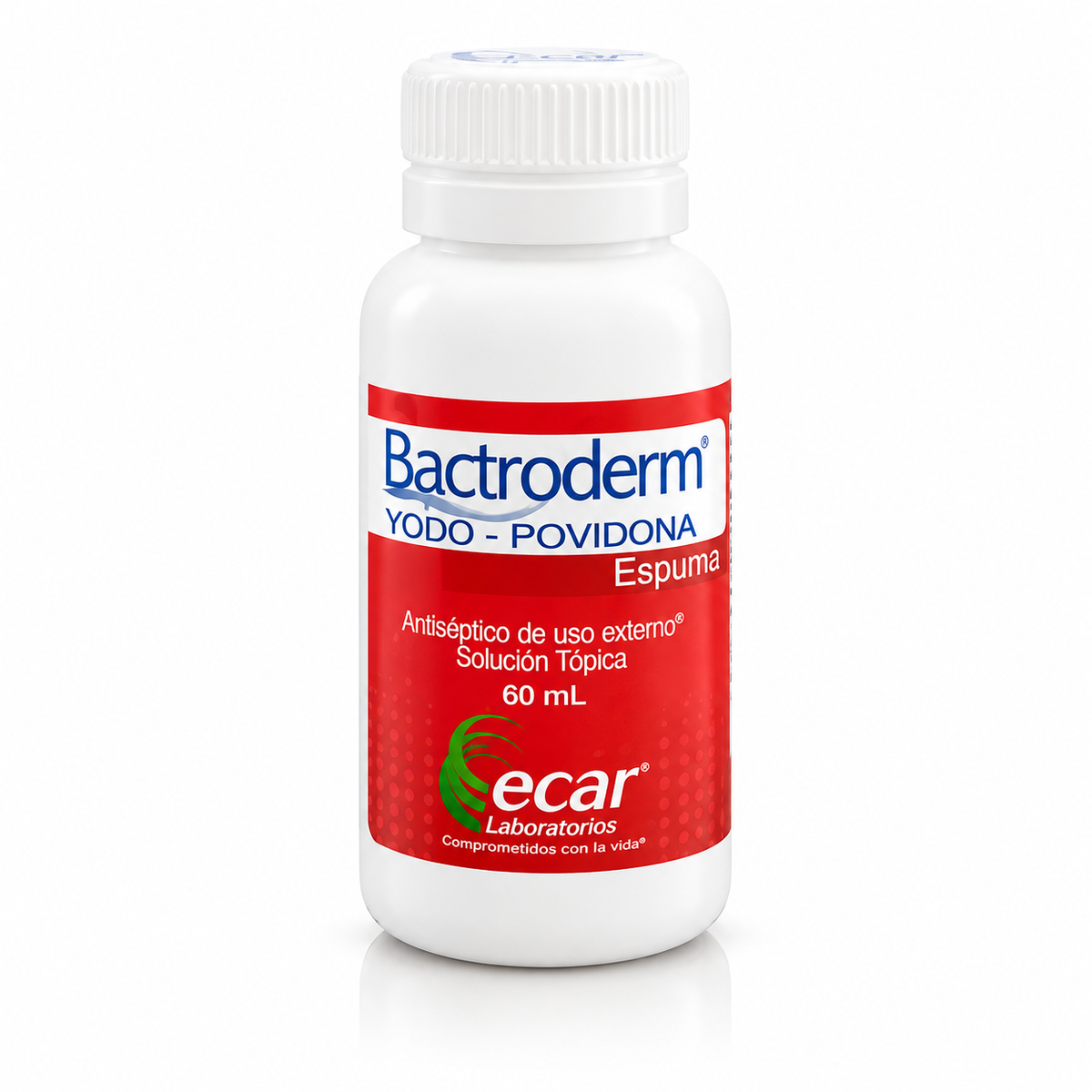 Espuma antiséptica Bactroderm Ecar con yodopovidona al 8%, diseñada para la antisepsia y limpieza de la piel.