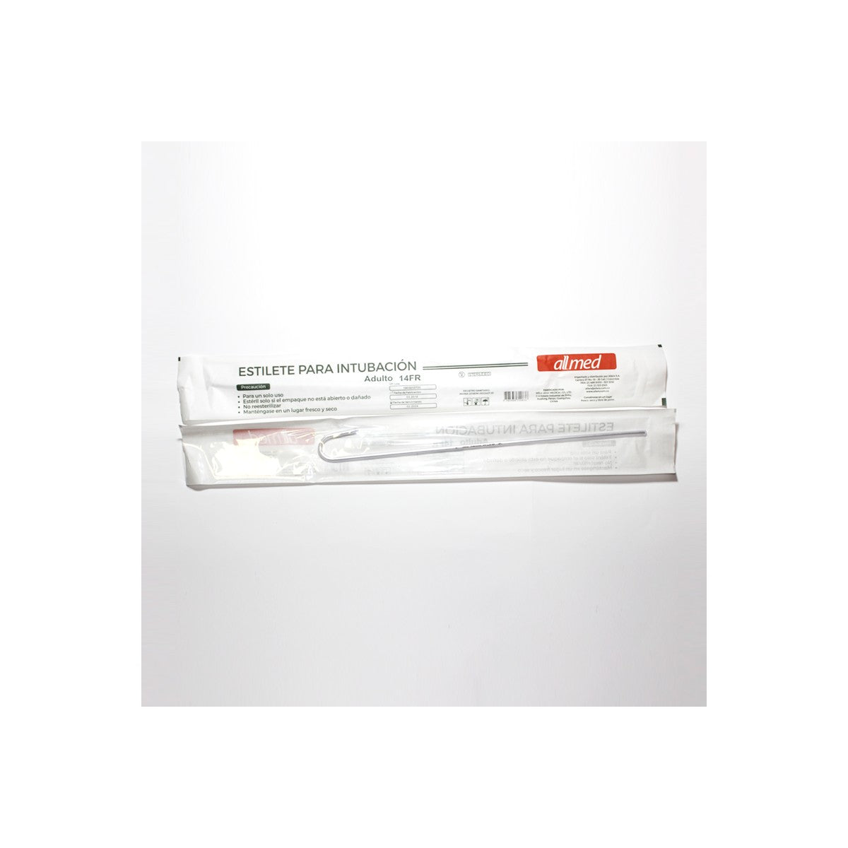 Estilete de intubación ALLMED, color gris, núcleo de aluminio maleable recubierto de PVC, presentado en empaque individual desechable.