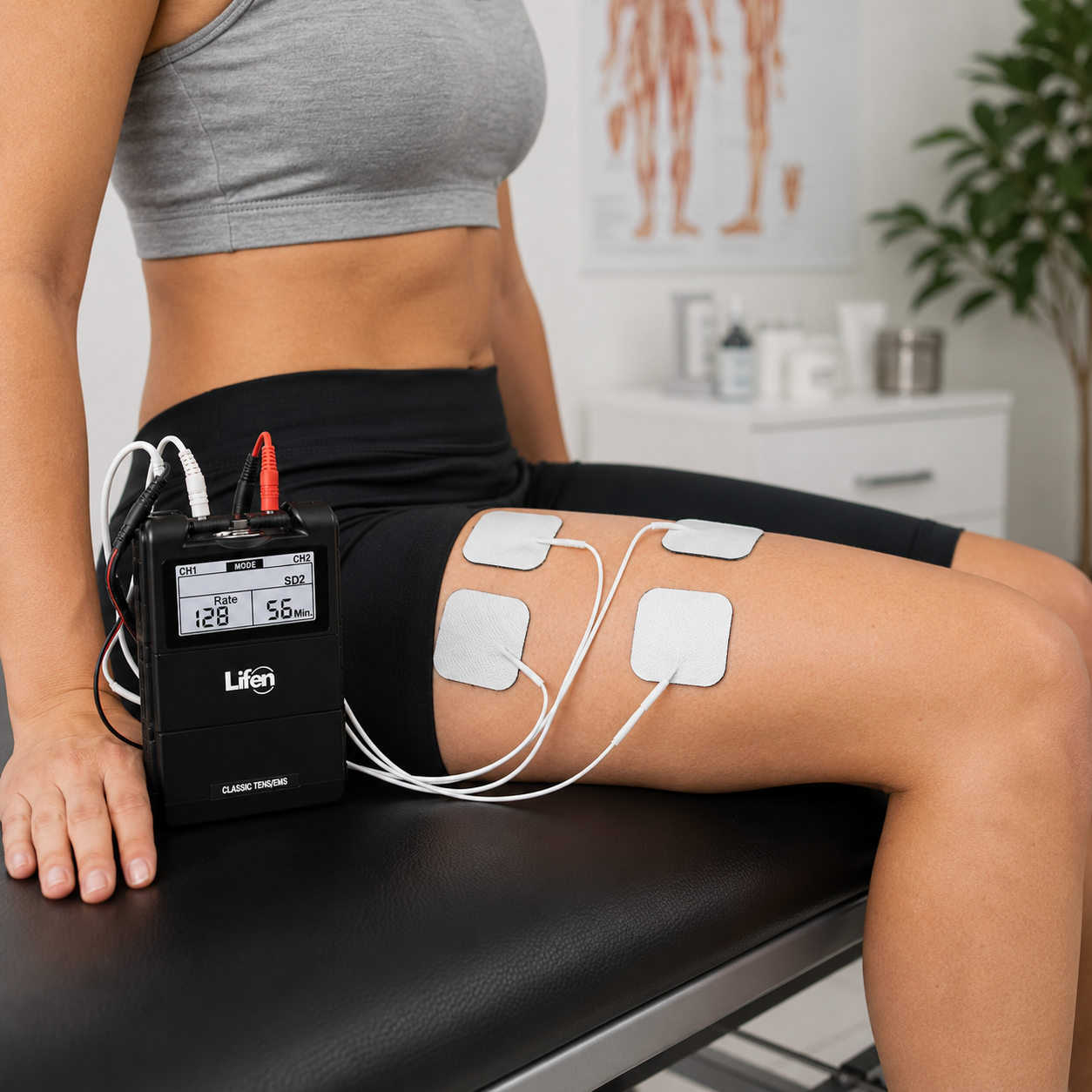 Estimulador Eléctrico Classic 7000 TENS EMS Lifen en uso durante sesión de electroestimulación con electrodos aplicados para terapia y rehabilitación muscular