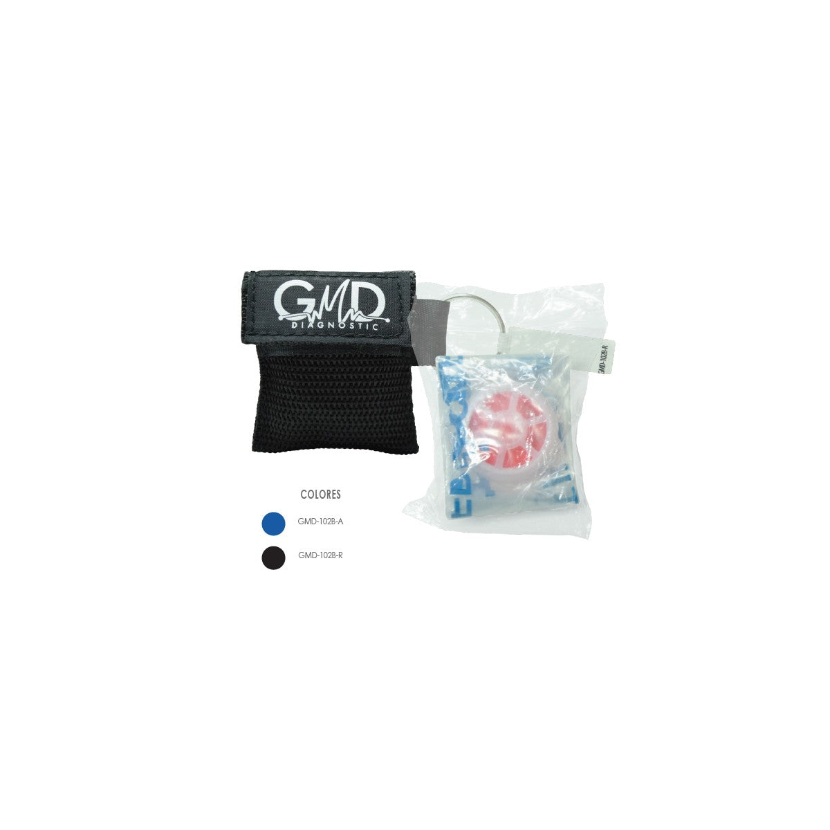 Mascarilla desechable RCP GMD en estuche de Polipropileno, diseñada para ventilación asistida en emergencias, con válvula de Polietileno.