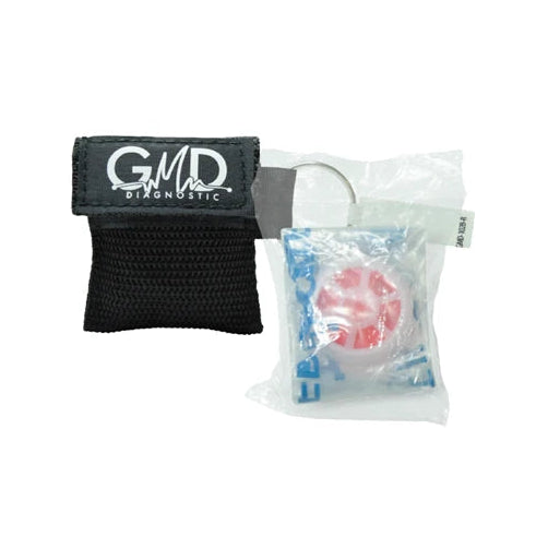Estuche desechable de RCP con mascarilla, modelo GMD-102B-A, fabricado en plástico transparente, ideal para emergencias médicas.
