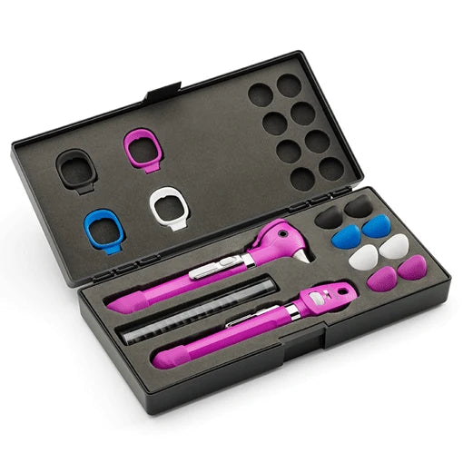 Estuche rígido morado con 4 bumpers, diseñado para el Pocket LED Plus 92880, ideal para protección y transporte.