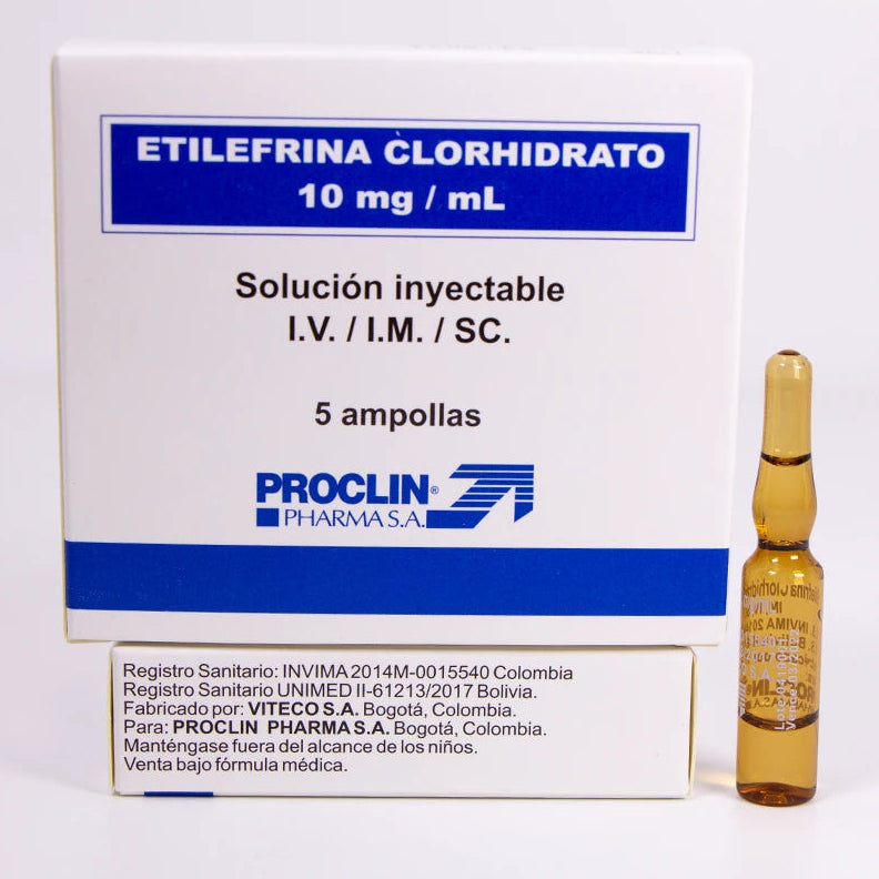 Ampollas de Etilefrina Clorhidrato 10 mg/ml Proclin, presentadas en un empaque de 5 unidades, fondo blanco.
