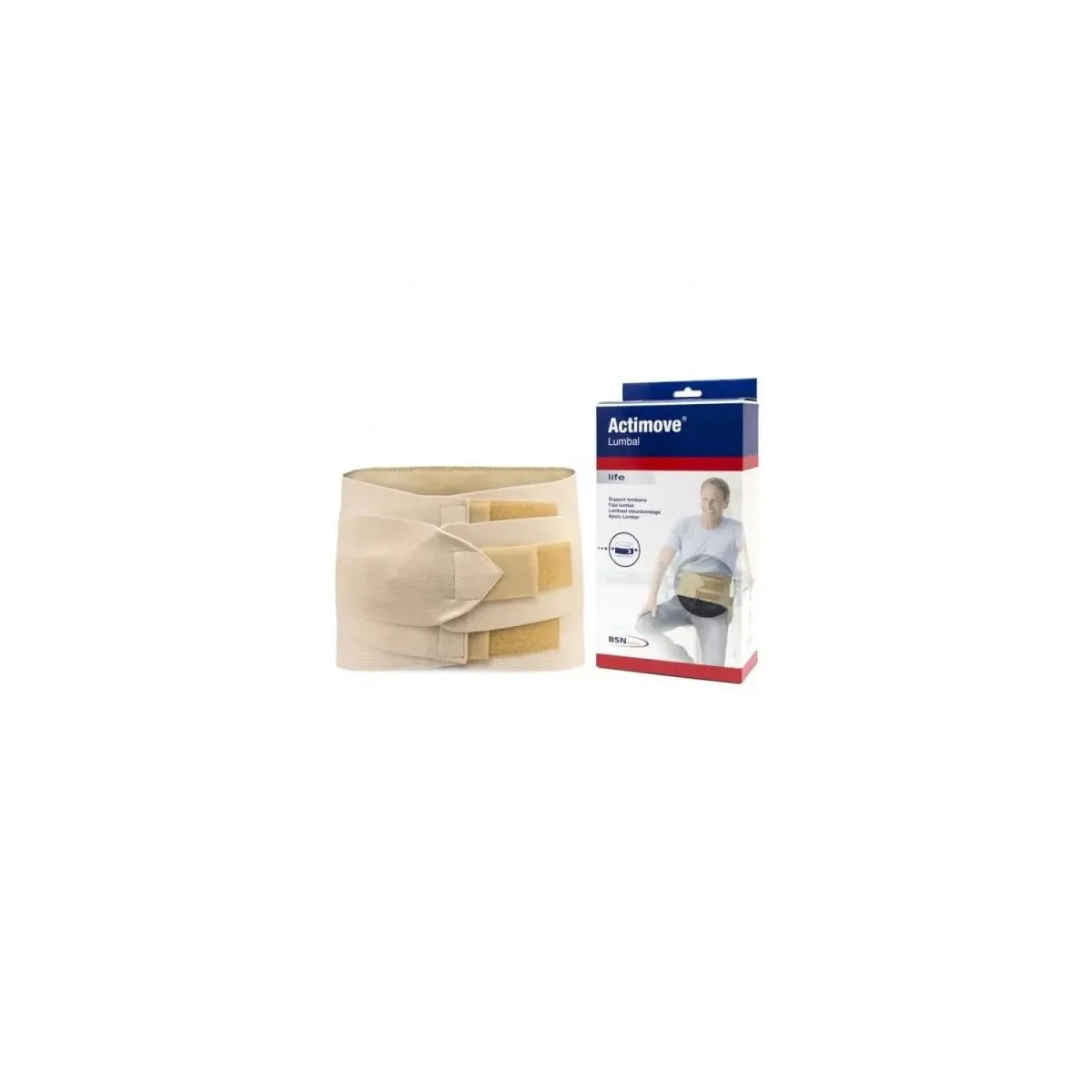 Faja lumbar Actimove® Lumbar, soporte ortopédico ajustable con cierre de velcro, fabricada en poliéster, elastodieno y poliamida.