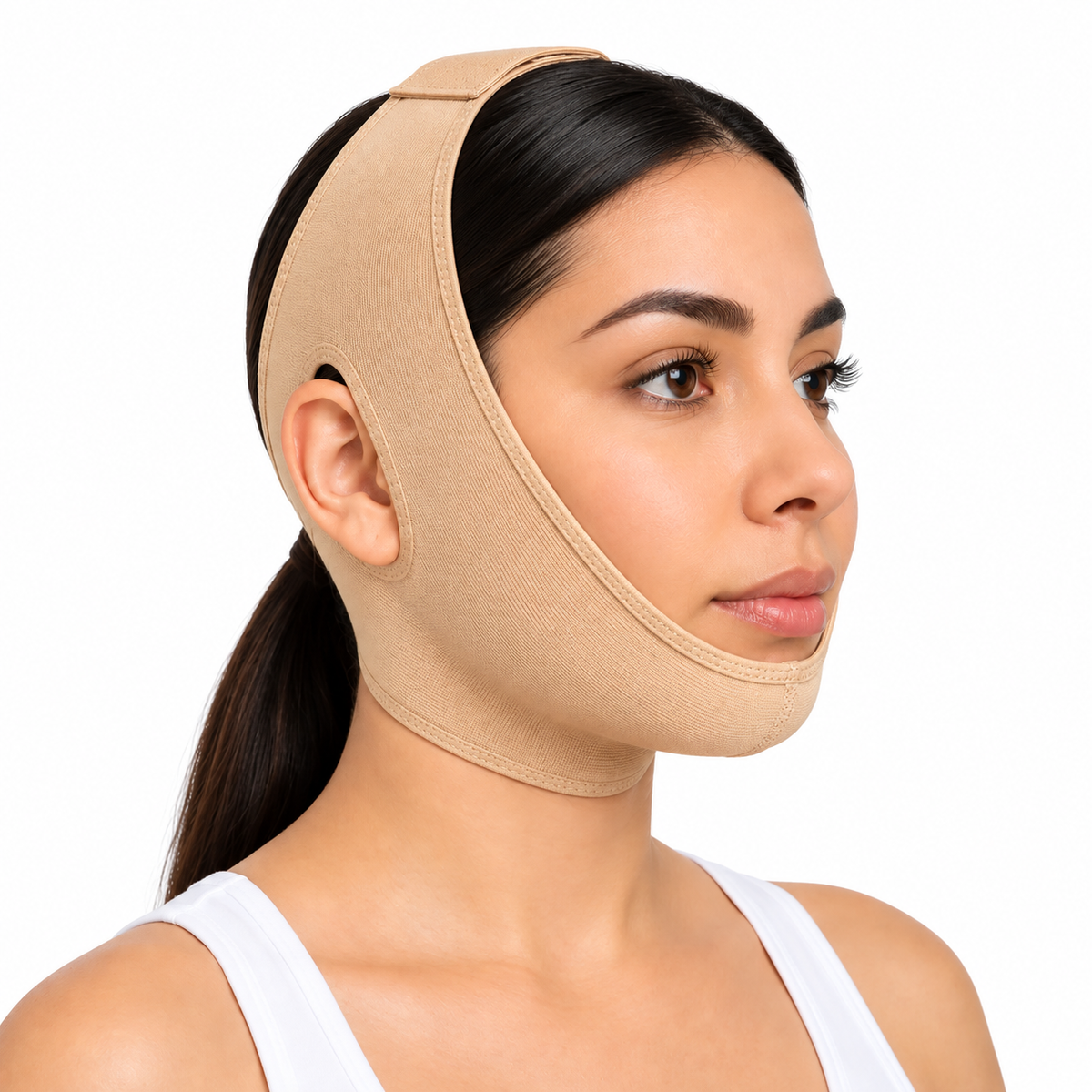 Faja postoperatoria mentonera facial Medivaric color beige, talla S-M, diseñada para brindar compresión, soporte y ajuste en la zona facial y del mentón.