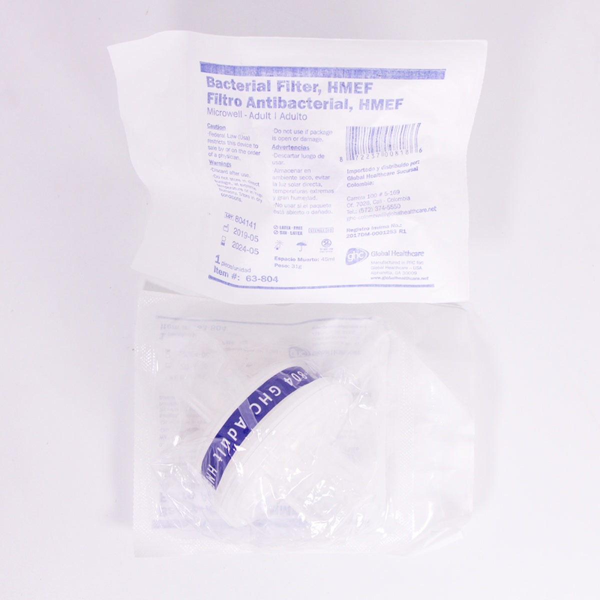 Filtro Antibacterial HMEF adulto de Global Healthcare, desechable y estéril, con conectores de 22/15 mm, fabricado en celulosa y electrostática.