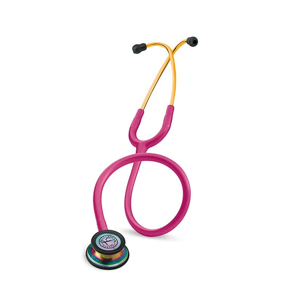 Fonendo Littmann Classic III en color frambuesa con detalles en arco iris, diseño ergonómico y diafragma de doble frecuencia.