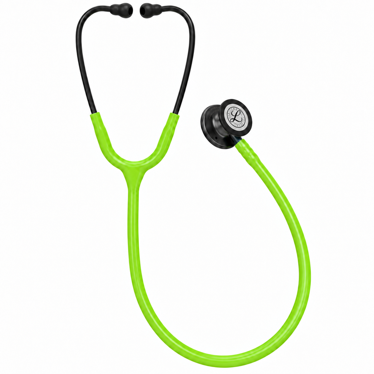 Fonendoscopio 3M Littmann Classic III con tubo verde lima y campana color humo para auscultación médica profesional.